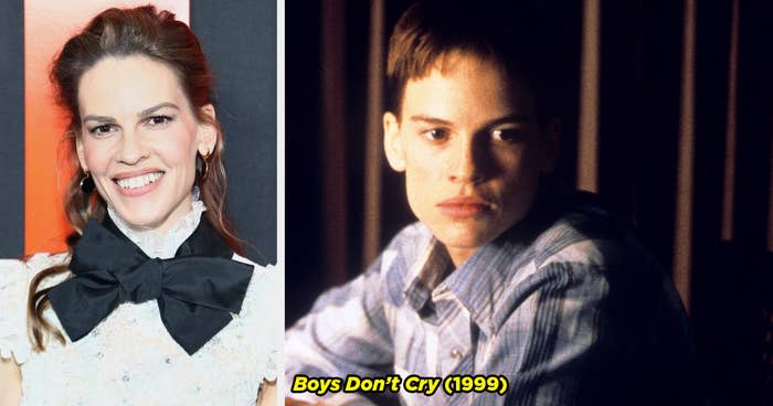 Hilary Swank on the red carpet and Hilary playing Brandon Teena in Boys Don't Cry