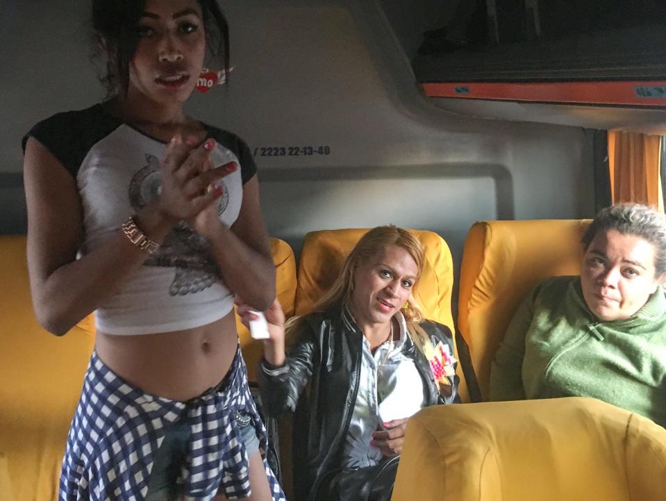 Transgender migrants from Central America Roxsana Hernandez, in center, in buses headed for Mexico City on April 9, 2018. Hernandez, 33, died in the custody of (ICE) at a hospital in Albuquerque, New Mexico. (Via OlyDrop)