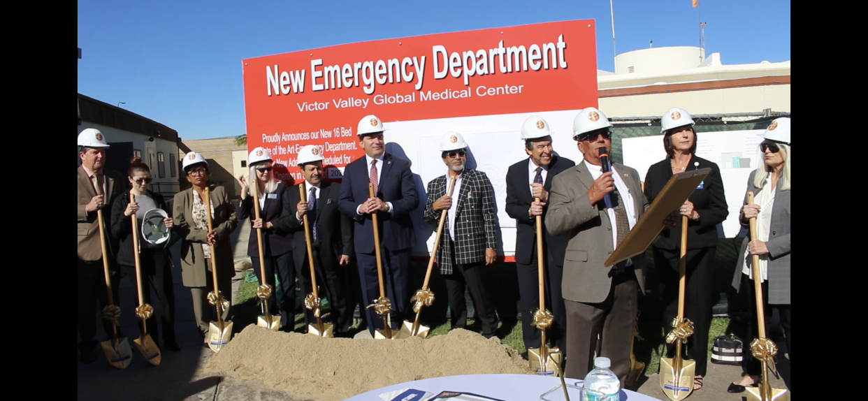 Assemblyman Thurston “Smitty” Smith presents a plaque to KPC Health executives during the groundbreaking of a new emergency department at Victor Valley Global Medical Center in Victorville.