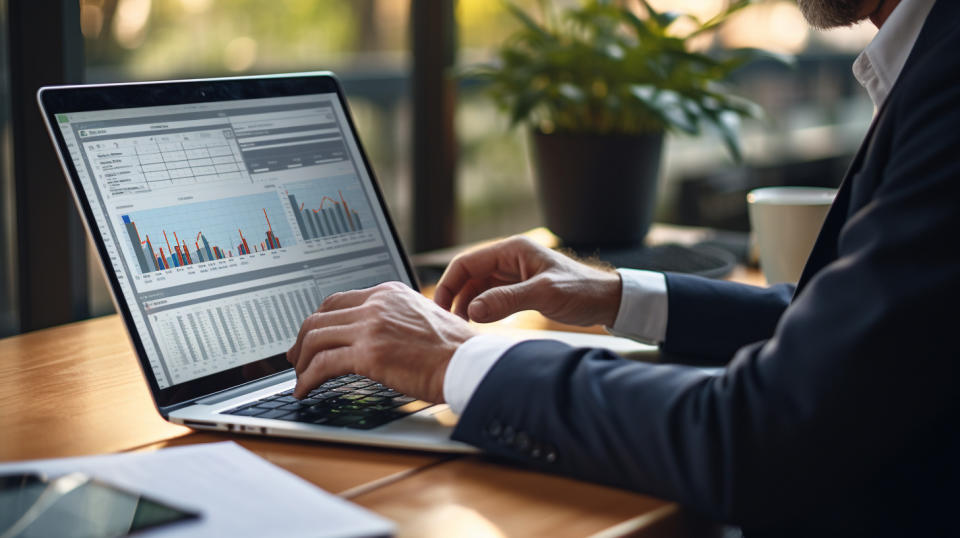 A close-up of a corporate businessperson using a modern laptop to manage the company's finances.