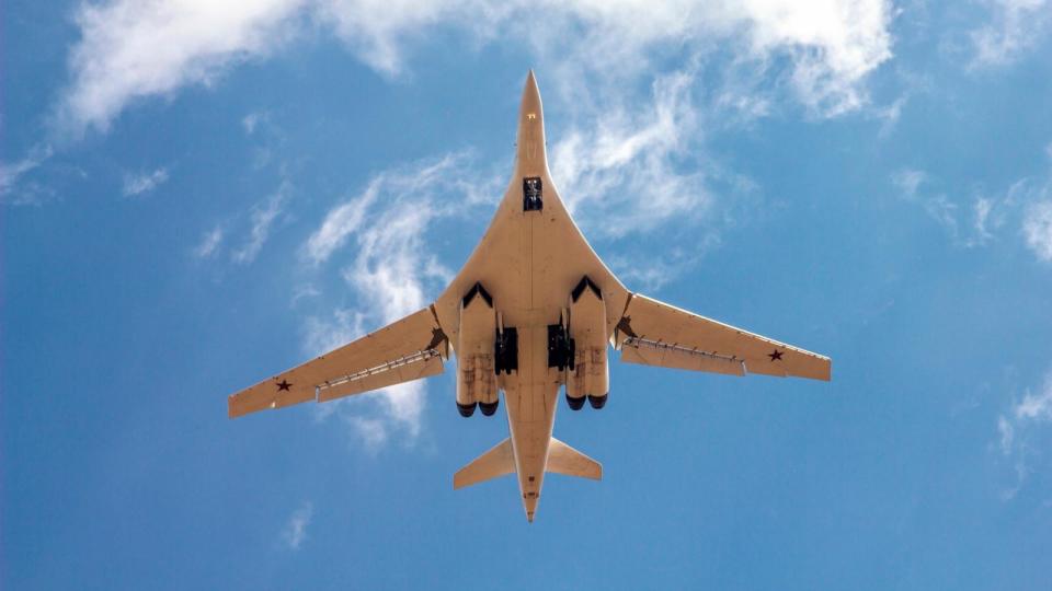 PHOTO: In an undated stock photo a Russian strategic bomber Tu-160 White Swan, Blackjack according to NATO classification, coming in for a landing with landing gear is seen. (STOCK PHOTO/Getty Images)