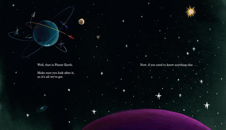 A view of Earth in space from "Here We Are" by Oliver Jeffers. <cite>Philomel Books</cite>