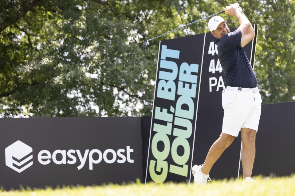 Richard Bland of Cleeks GC hits his shot from the second tee during the second round of LIV Golf tournament at The Greenbrier, Saturday, Aug. 5, 2023 in White Sulfur Springs, W.Va. (Photo by Chris Trotman/LIV Golf via AP)