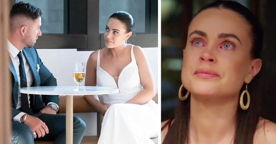 L: MAFS stars Bronte Schofield and Harrison Boon at their wedding. R: Bronte crying at the dinner party