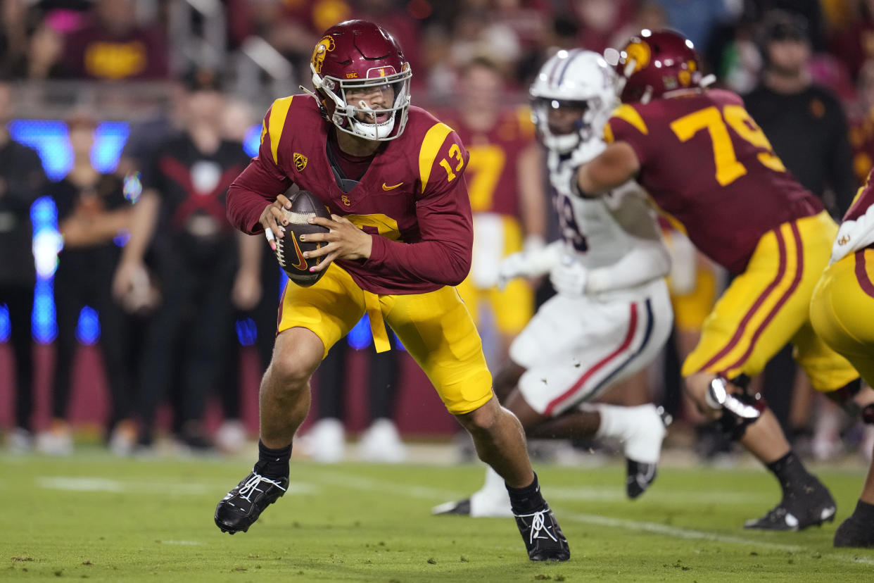 USC quarterback Caleb Williams had another heroic effort in a win over Arizona on Saturday, Oct. 7, 2023, in Los Angeles. (AP Photo/Marcio Jose Sanchez)