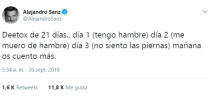 <p>Y es que, tal y como el propio Alejandro Sanz anunció hace unos días en Twitter, está siguiendo el famoso plan detox de 21 días. Muchos de sus fans han salido al paso para comentarle que esa dieta milagro no es saludable y que incluso podría tratarse de una estafa. (Foto: Twitter / <a rel="nofollow noopener" href="http://twitter.com/alejandrosanz" target="_blank" data-ylk="slk:@AlejandroSanz;elm:context_link;itc:0;sec:content-canvas" class="link ">@AlejandroSanz</a>). </p>