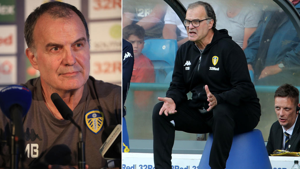 The Leeds manager pictured perched on a bucket.