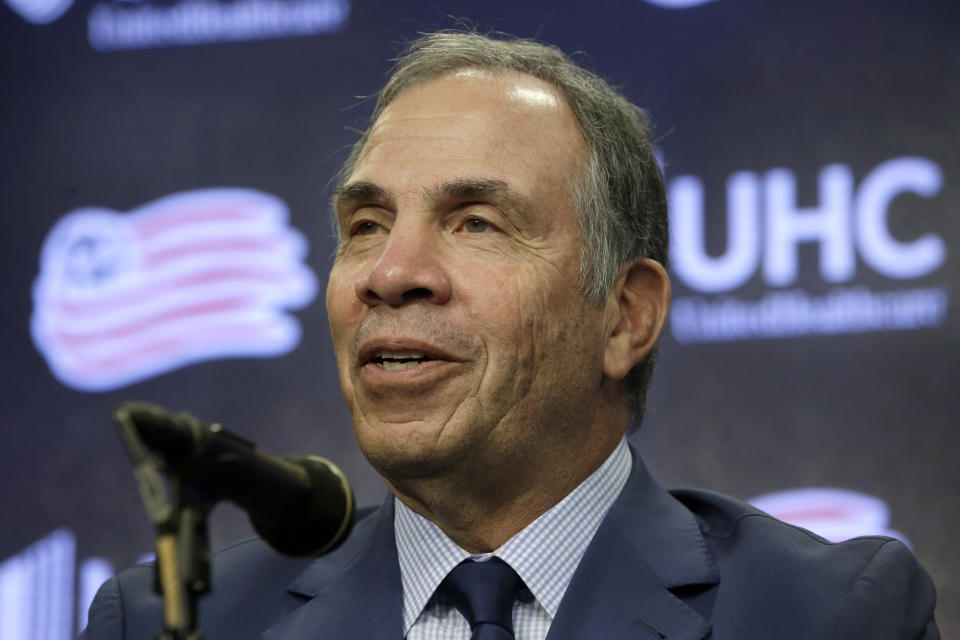 Bruce Arena, newly hired New England Revolution's coach and sports director takes questions from reporters, Thursday, May 16, 2019 during an MLS soccer news conference at Gillette Stadium, in Foxborough, Mass. Arena, a five-time MLS Cup winner and former U.S. national coach, was hired Tuesday, May 14. (AP Photo/Steven Senne)