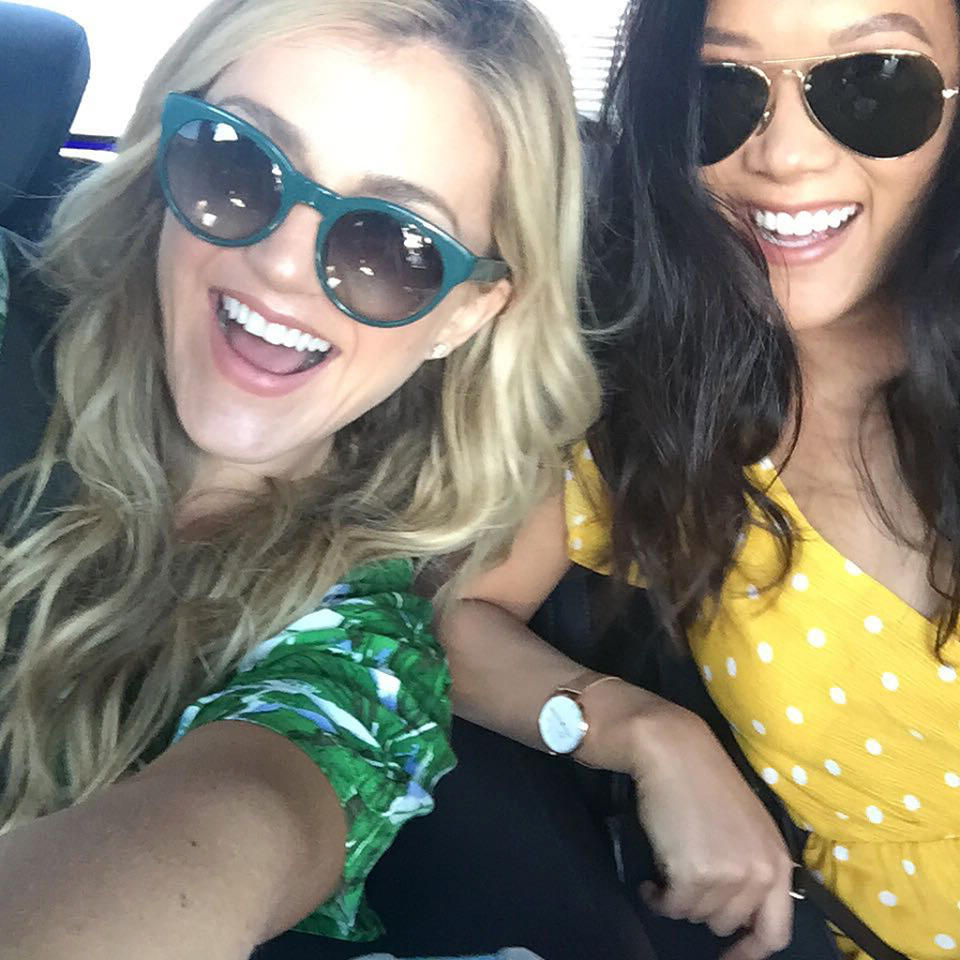 <p>Since we’re neighbors my castmate @jessmarlo and I are sharing a car for the long drive to the barge. I went for polkadots and she went jungle! We somehow always unknowingly wear opposite colors……girl ESP? — @allymaki #Wrecked </p>