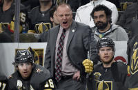 FILE - Then-Vegas Golden Knights head coach Gerard Gallant calls out from the bench during the third period of an NHL hockey game against the Chicago Blackhawks in Las Vegas, in this Tuesday, Feb. 13, 2018, file photo. Gallant takes on a new challenge as coach of the New York Rangers, looking to “take a big step” with a young team that ownership and management thinks should be a contender. It’s very different than his previous stints with expansion Vegas and Florida. (AP Photo/David Becker, File)