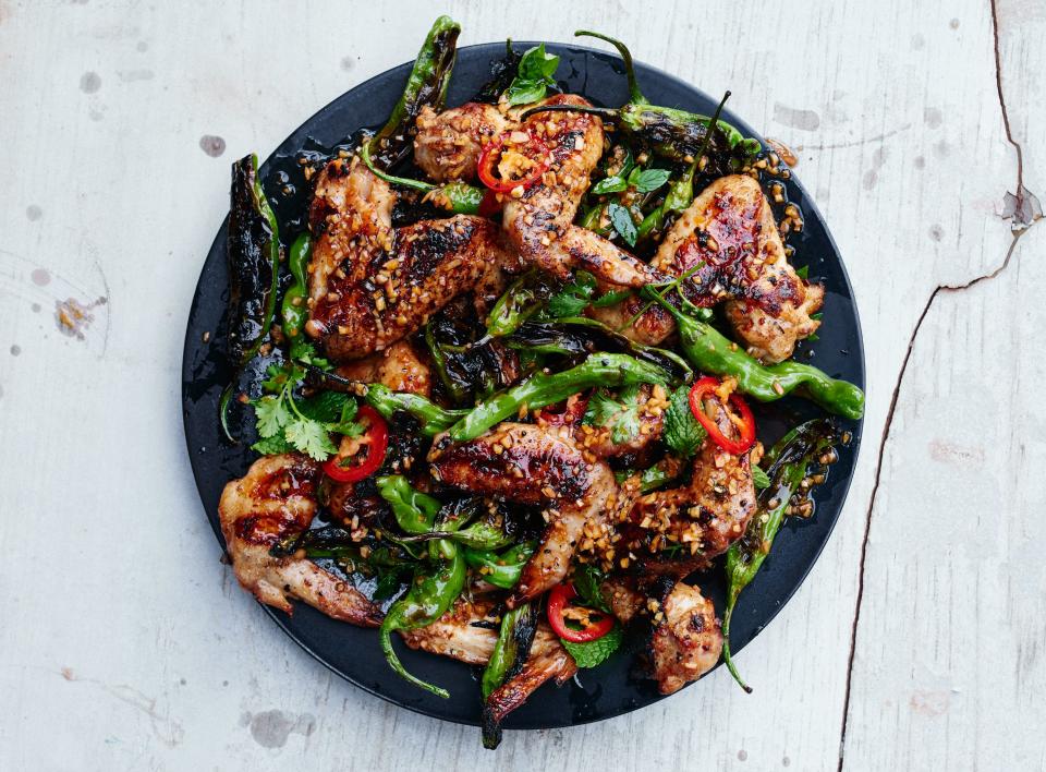 Grilled Chicken Wings with Shishito Peppers and Herbs