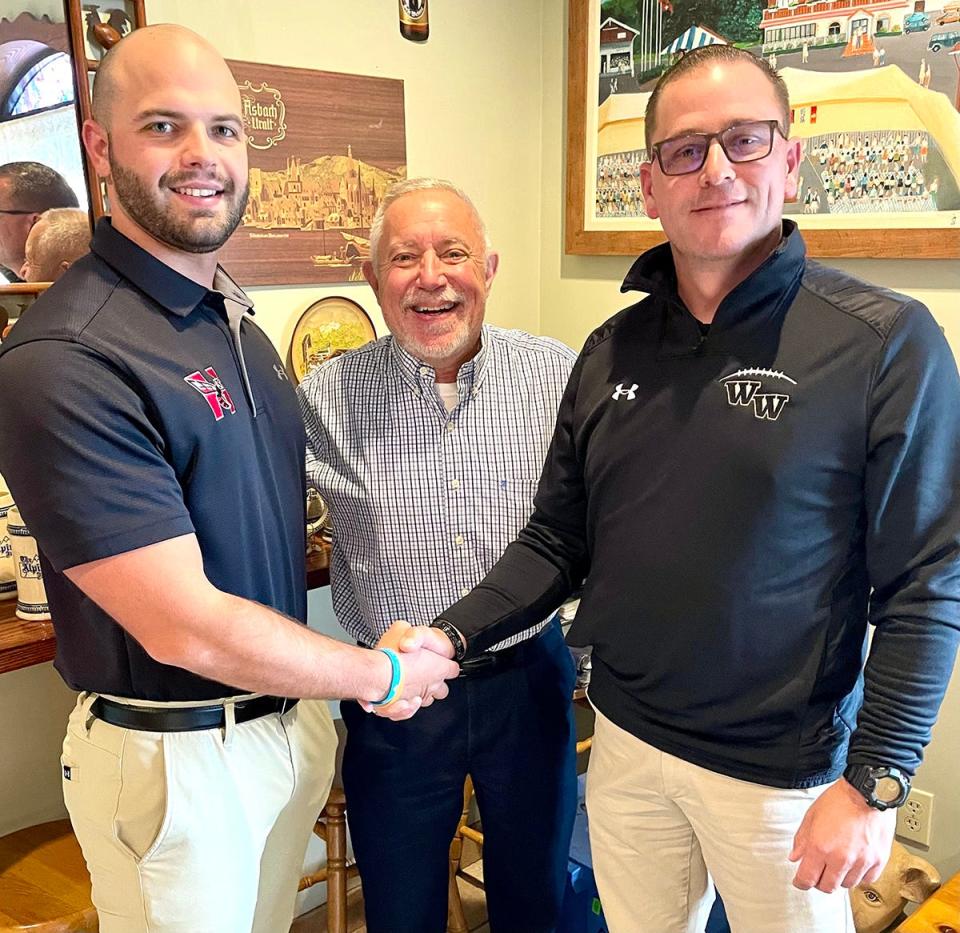 The Wayne-Pike Shrine Club is hosting its 31st Shrine Bowl Classic football game Friday night as Honesdale takes on Western Wayne. Pictured here is Noble Kurt Eisele (center) with Hornet assistant coach Josh LoBasso (left) and Wildcat head coach Shane Grodack (right).