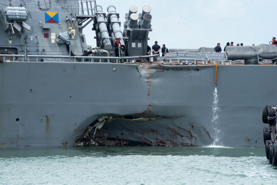 The damage done to the guided-missile destroyer USS John S McCain by the mid-sea collision. (PHOTO: Associated Press)