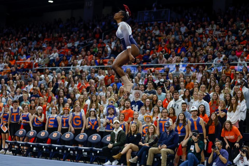 Derrian Gobourne competes on floor.