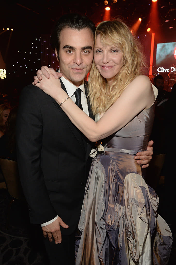 BEVERLY HILLS, CA - FEBRUARY 14:  Nicholas Jarecki and Recording artist Courtney Love ® attends the 2016 Pre-GRAMMY Gala and Salute to Industry Icons honoring Irving Azoff at The Beverly Hilton Hotel on February 14, 2016 in Beverly Hills, California.  (Photo by Kevin Mazur/WireImage)