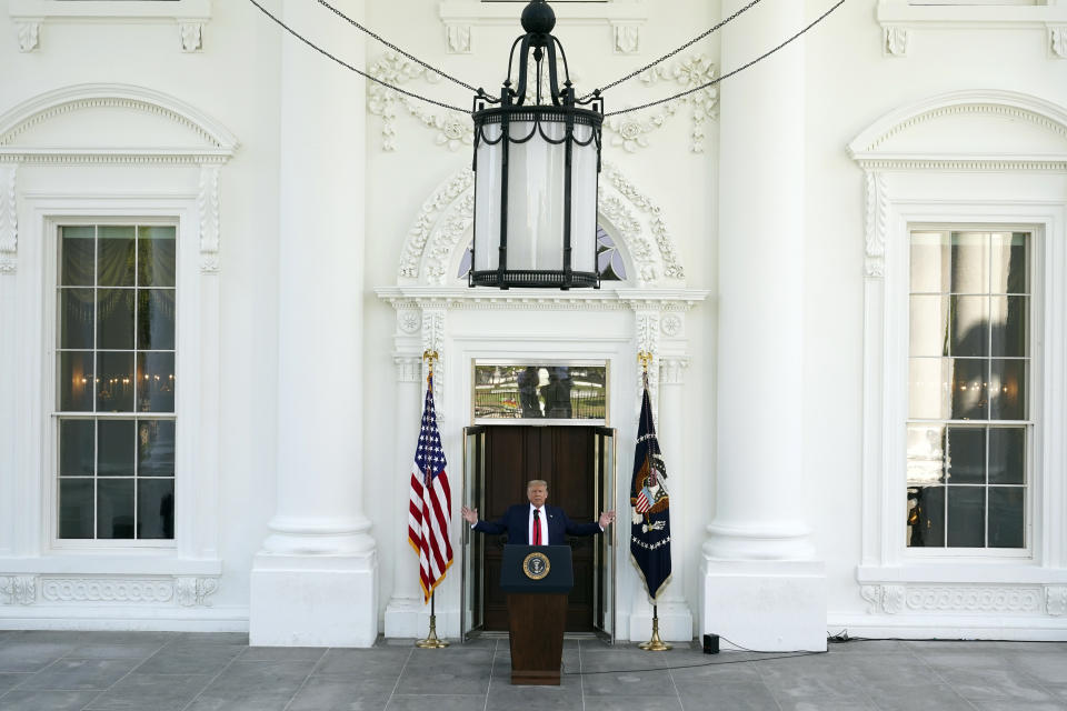 President Donald Trump speaks during a news conference on the North Portico of the White House, Monday, Sept. 7, 2020, in Washington. (AP Photo/Patrick Semansky)