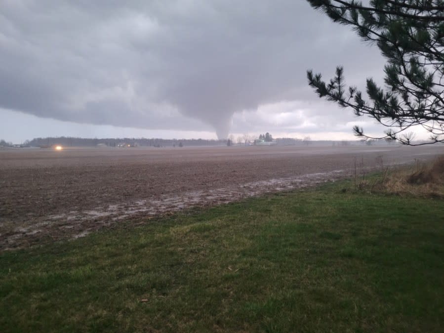 Tornado (EF1) forming over southeastern Hancock County, shortly before sunset on March 14, 2024. (Derek Lawson)