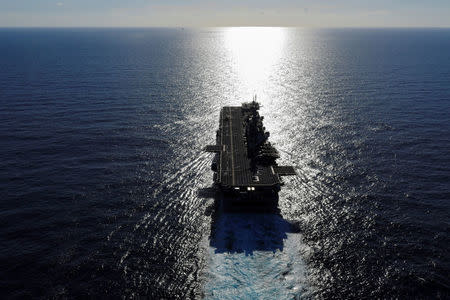 The USS Kearsarge joins other U.S. Navy vessels in maneuvering around Hurricane Maria before eventually returning to assist the U.S. Virgin Islands, in the Caribbean Sea, September 19, 2017. REUTERS/Jonathan Drake