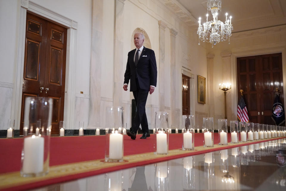 President Joe Biden arrives to speak about the latest round of mass shootings, from the East Room of the White House in Washington, Thursday, June 2, 2022. Biden is attempting to increase pressure on Congress to pass stricter gun limits after such efforts failed following past outbreaks. (AP Photo/Evan Vucci)