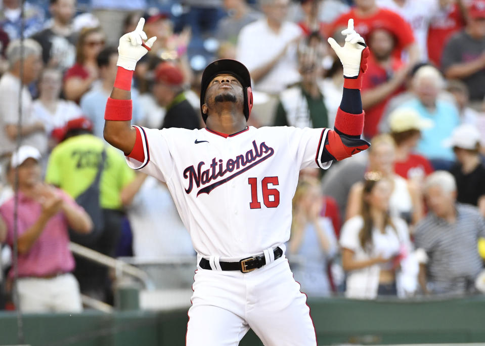 Victor Robles betätigt sich mit seiner Jubelgeste gen Himmel hier selbst als Gottesanbeter. (Bild: Brad Mills-USA TODAY Sports)