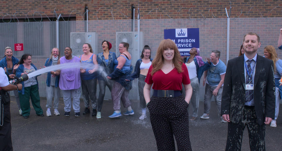 Catherine Tate plays multiple characters in the prison comedy Hard Cell. (Netflix)