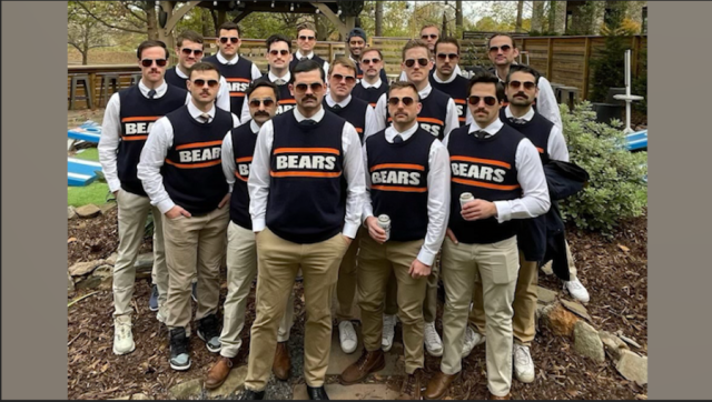 Groom and his groomsmen dress up like Mike Ditka. Again.