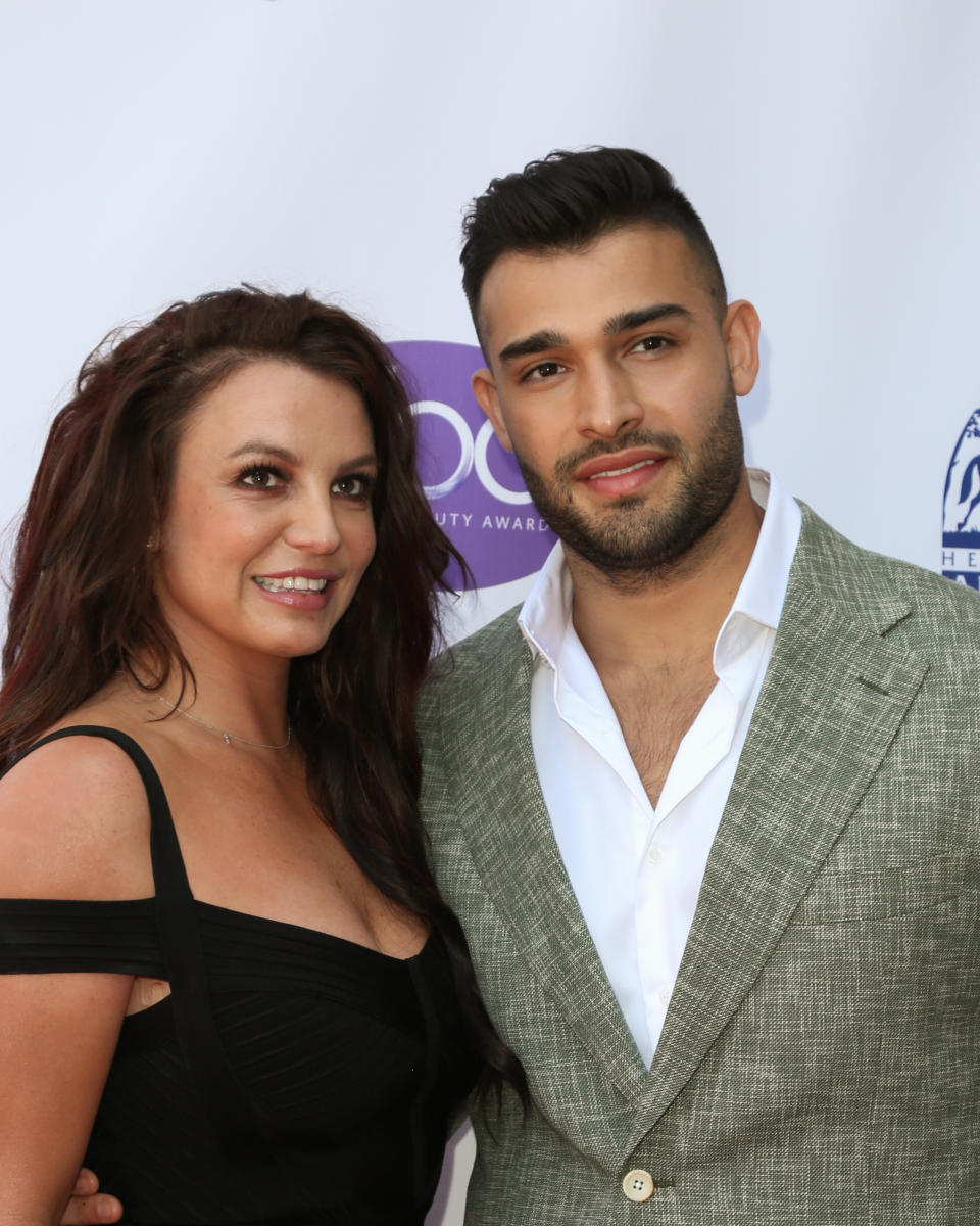 LOS ANGELES, CALIFORNIA - SEPTEMBER 20: Britney Spears (L) and Sam Asghari (R) attend the 2019 Daytime Beauty Awards at The Taglyan Complex on September 20, 2019 in Los Angeles, California. (Photo by Paul Archuleta/FilmMagic )