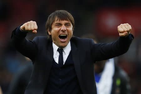 Britain Football Soccer - Stoke City v Chelsea - Premier League - bet365 Stadium - 18/3/17 Chelsea manager Antonio Conte celebrates after the game Reuters / Phil Noble Livepic