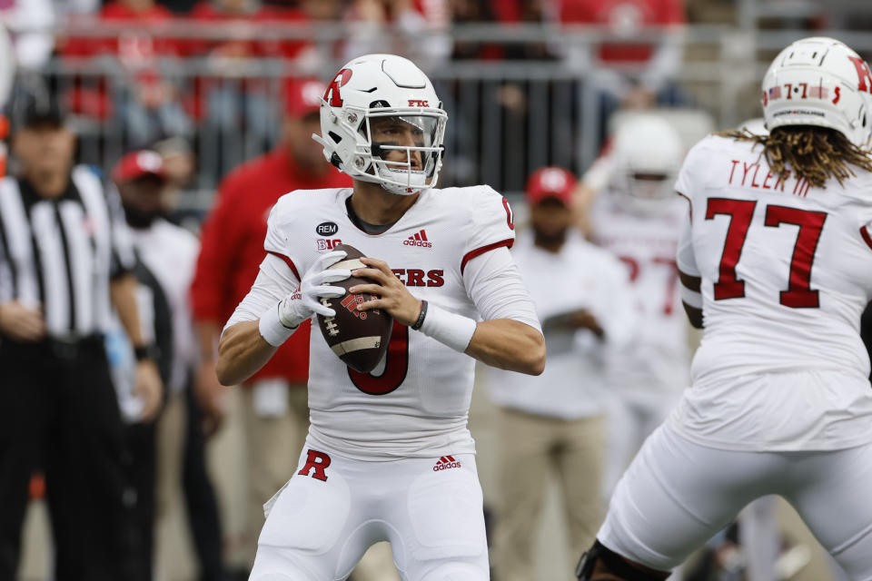 Rutgers quarterback Noah Vedral looks for an open pass against Ohio State during the first half of an NCAA college football game, Saturday, Oct. 1, 2022, in Columbus, Ohio. (AP Photo/Jay LaPrete)