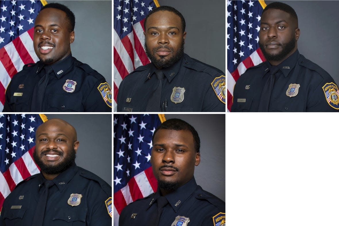 This combo of images provided by the Memphis Police Department shows from top left, officers Tadarrius Bean, Demetrius Haley, Emmitt Martin III, and bottom from left, officers Desmond Mills, Jr. and Justin Smith. Memphis was on edge Monday, jan. 23, 2023 ahead of the possible release of video footage of a Black man’s violent arrest that has led to three separate law enforcement investigations and the firings of these five police officers after he died in a hospital. (Memphis Police Department via AP)