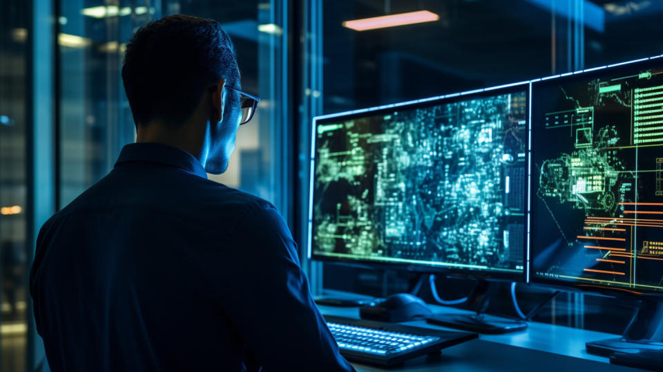 A computer network engineer operating a control panel with a view of a server room in the background.