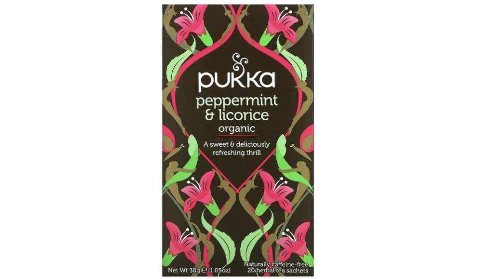 Peppermint & Licorice, Caffeine-Free, 20 Sachets. PHOTO: Pukka