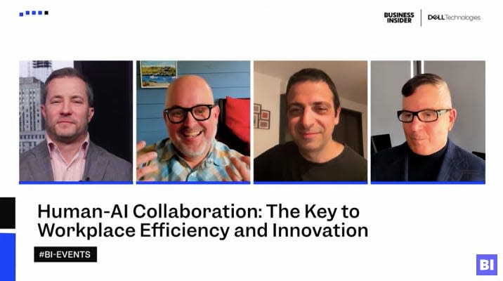 3 business leaders and moderator on a zoom call text: human-AI collaboration: they key to workplace efficiency and innovation