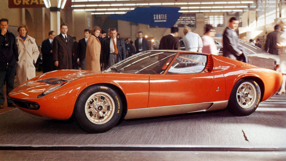 A Lamborghini Miura on display at the 1966 Geneva Motor Show.
