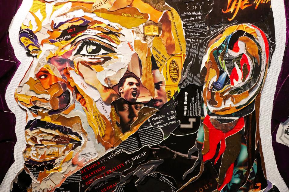 A collage made by artist Kris Rhymes featuring a young Kobe Bryant, center, makes up the face of LeBron James during a tour of the new House Three Thirty.