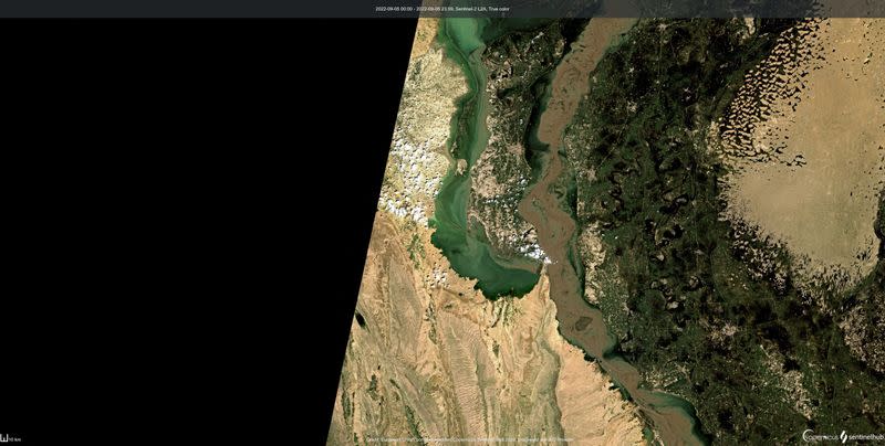 Satellite imagery shows swelling and flooding from Manchar Lake following record monsoon rains and melting glaciers in Sindh