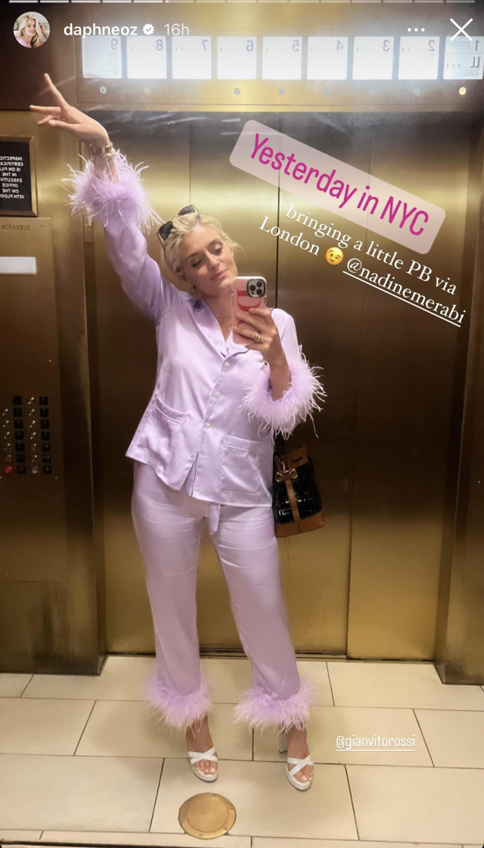 Daphne Oz in lilac pajamas and Gianvito Rossi heels in New York City on May 17. - Credit: Daphne Oz