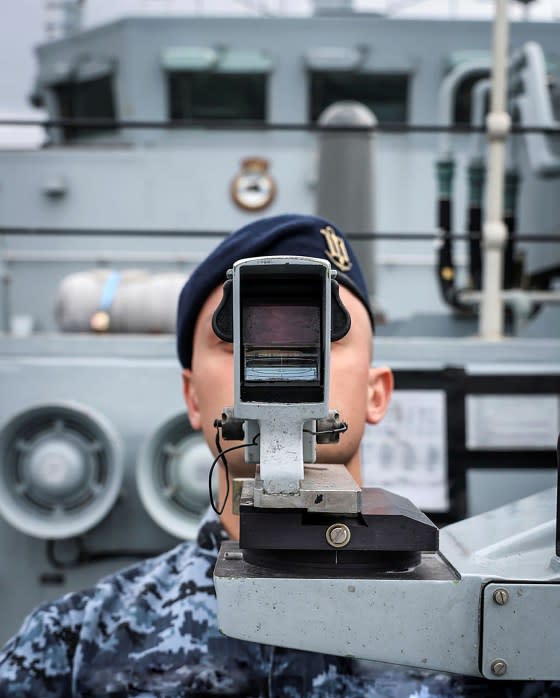 A Ukrainian gunner training on a ship's 30mm gun, July 21, 2022.<span class="copyright">Courtesy the U.K. Ministry of Defence</span>