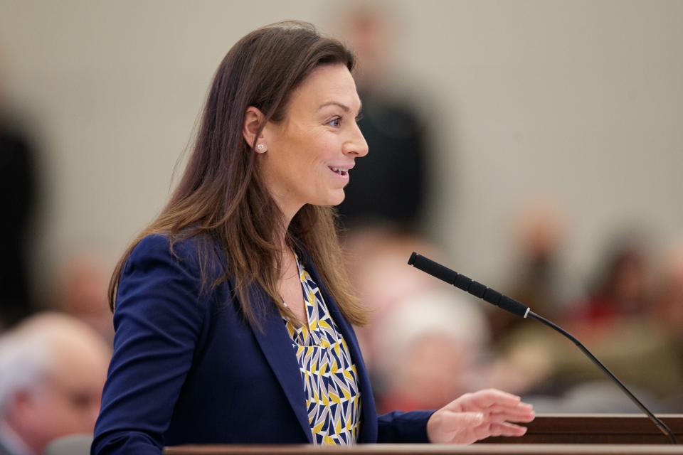 Florida Commissioner of Agricultural Nikki Fried speaks against SB 146, a proposed abortion bill in the Florida Senate, Wednesday, Feb. 2, 2022.