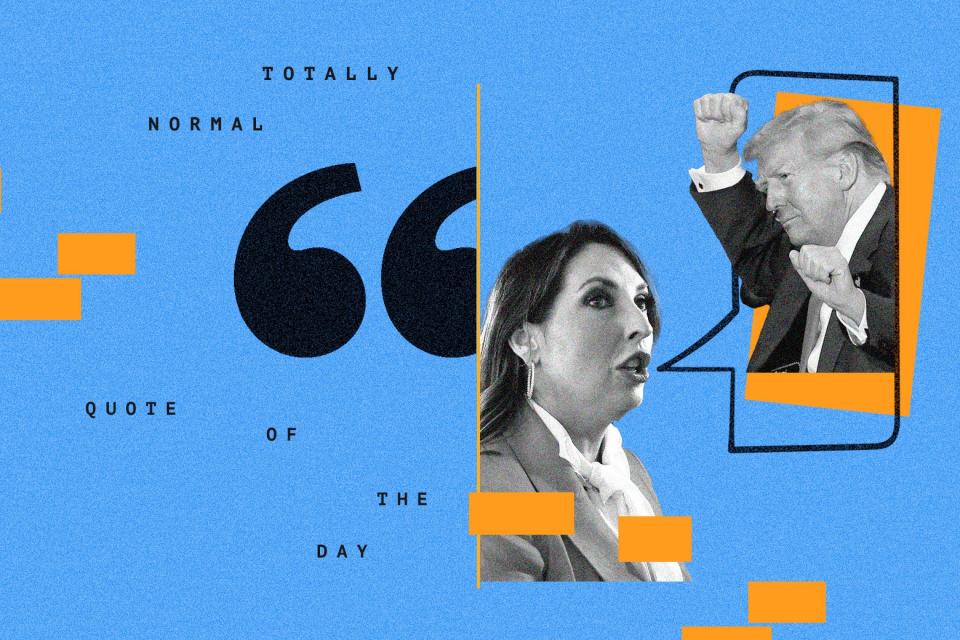 Ronna McDaniel, with a speech bubble that contains Donald Trump. On her left, the words "Totally Normal Quote of the Day."