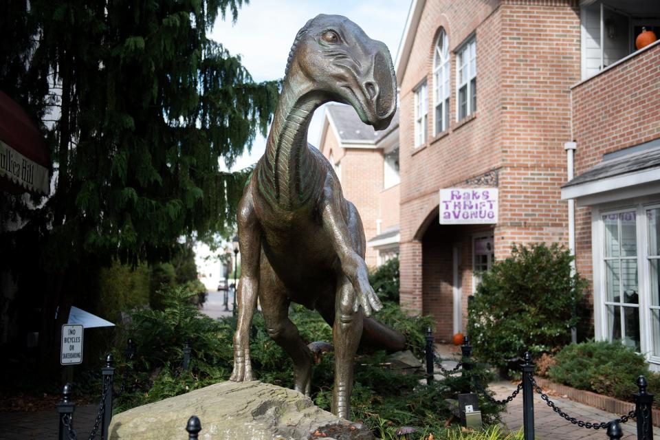 u0022Haddyu0022 by John Giannotti sits at the corner of Kings Highway and Lantern Lane in Haddonfield, New Jersey. The Hadrosaurus is New Jersey's official dinosaur.