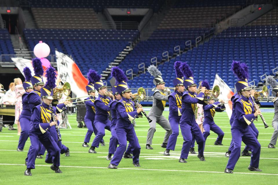 The Panhandle High School marching band competes in the preliminary round of the UIL State Marching Band Championships Tuesday at the Alamodome in San Antonio.