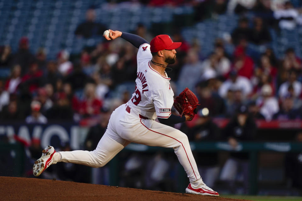 Los Angeles Angels starting pitcher Patrick Sandoval throws during the first inning of a baseball game against the Minnesota Twins, Friday, April 26, 2024, in Anaheim, Calif. (AP Photo/Ryan Sun)