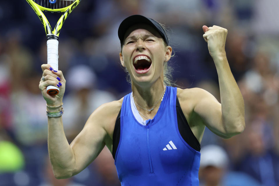 Caroline Wozniacki, pictured here after beating Petra Kvitova at the US Open.