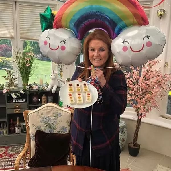 sarah ferguson with balloons inside royal home