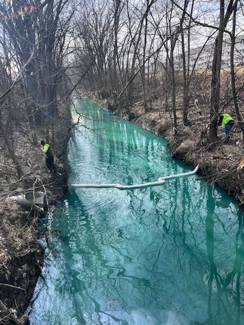 Booms placed Feb. 7, 2024 in Bear Creek Drain in Warren after a chemical spill was discovered. The booms were placed at the direction of the Macomb County Public Works Office.