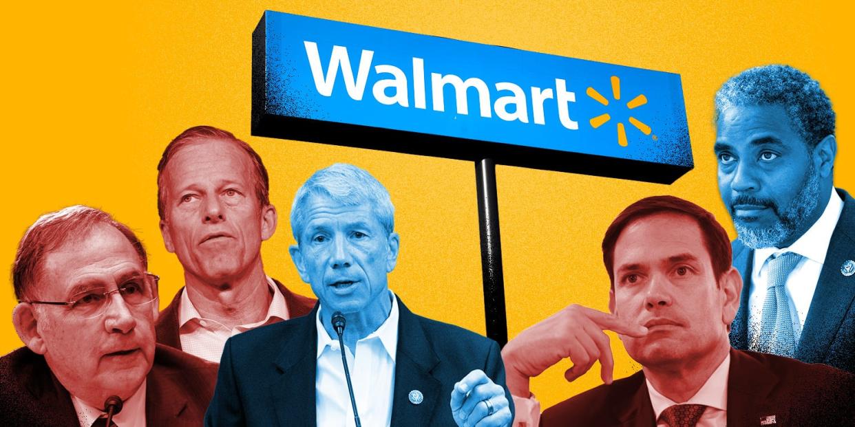 Photo Illustration of the politicians featured in the article with a Walmart Sign in the background.