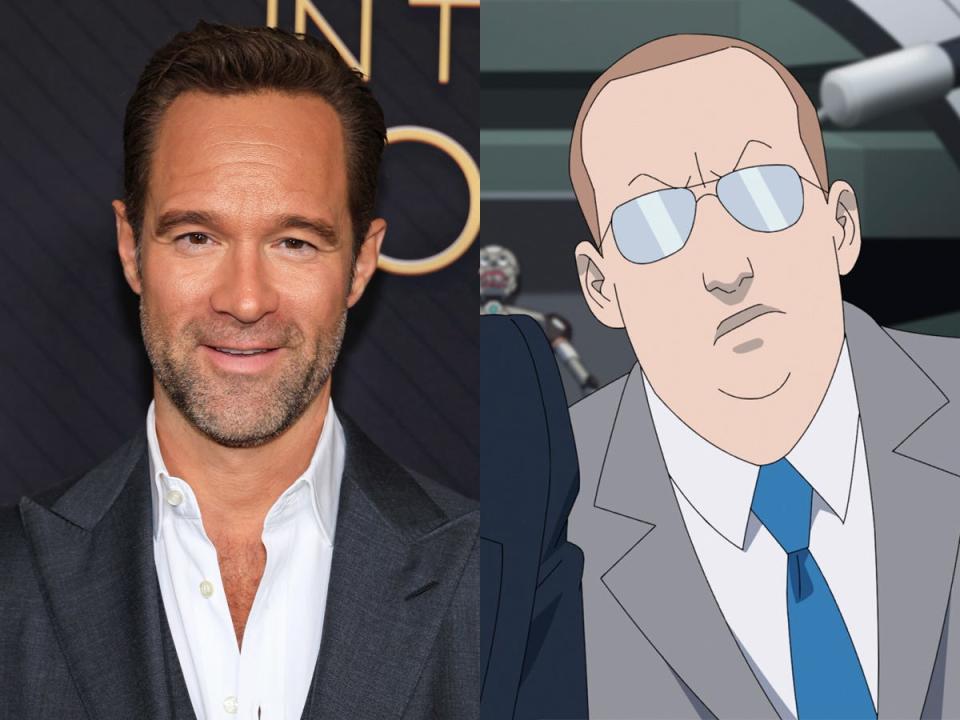 Chris Diamantopoulos, left, in December 2023. Donald Ferguson, right, on season two of the animated series "Invincible."