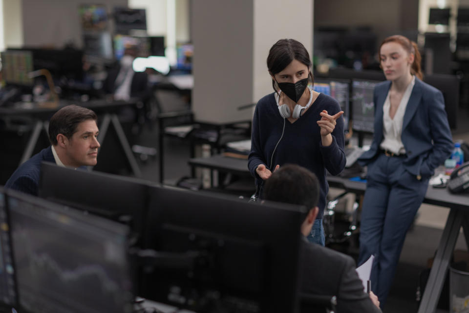 Fair Play, behind the scenes L to R: Rich Sommer as Paul, Chloe Domont, writer and director and Phoebe Dynevor as Emily. Cr. Slobodan Pikula / Courtesy of Netflix