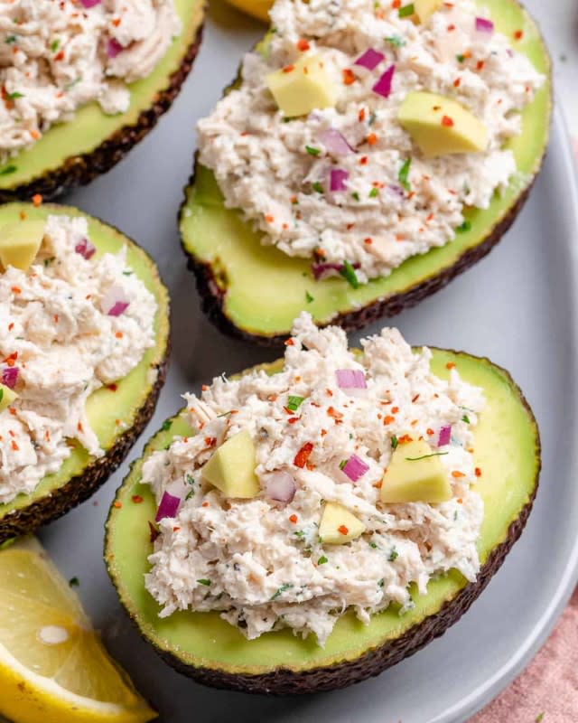 <p>Healthy Fitness Meals</p><p>This healthy chicken salad recipe is lightened up using Greek yogurt instead of mayonnaise. So creamy, flavorful and easy to make. </p><p><strong>Get the recipe: <a href="https://healthyfitnessmeals.com/healthy-chicken-salad-recipe/" rel="nofollow noopener" target="_blank" data-ylk="slk:Healthy Chicken Salad Stuffed Avocados;elm:context_link;itc:0;sec:content-canvas" class="link ">Healthy Chicken Salad Stuffed Avocados</a></strong></p>